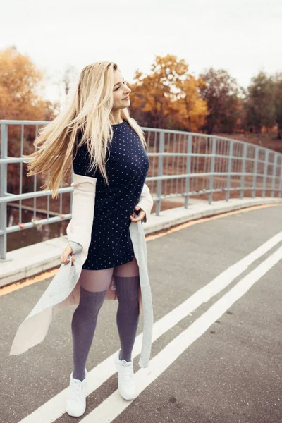 Ελκυστικό Κορίτσι Μαύρο Φόρεμα Στη Γέφυρα Στο Φόντο Των Φθινοπωρινών — Φωτογραφία Αρχείου