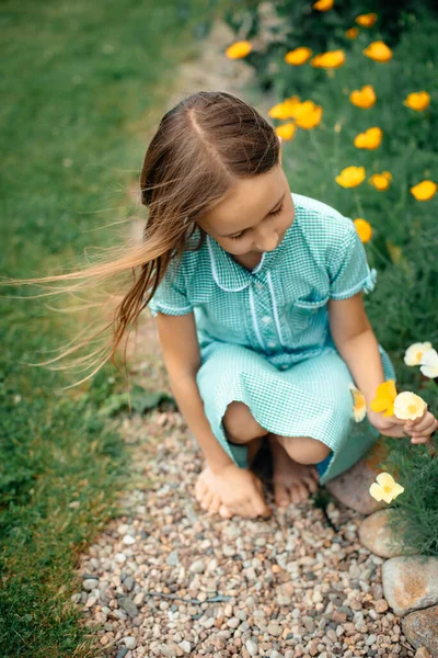 Маленька Дівчинка Блакитній Сукні Влітку Дачі Розглядає Квіти Клумбі Безтурботне — стокове фото