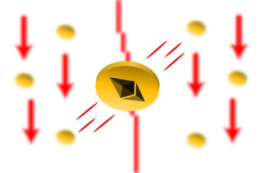 Ethereum Düşüşü. Gauss etkisi arka planında kırmızı ok var. Ethereum borsası çöktü. Kırmızı çizelge aşağı