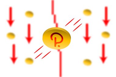 Polkadot Düşüşü. Gauss etkisi arka planında kırmızı ok var. Polkadot DOT borsası çöktü. Kırmızı çizelge aşağı