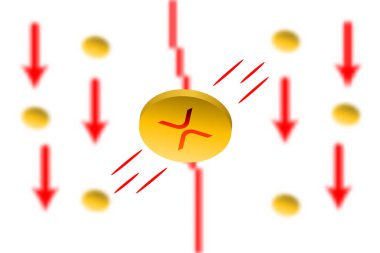 Dalgalanma Düşüşü. Gauss etkisi arka planında kırmızı ok var. Dalgalanan XRP piyasası çöktü. Kırmızı çizelge aşağı