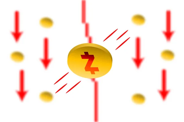 Zcash Düşüşü. Gauss etkisi arka planında kırmızı ok var. Zcash borsası çöktü. Kırmızı çizelge aşağı