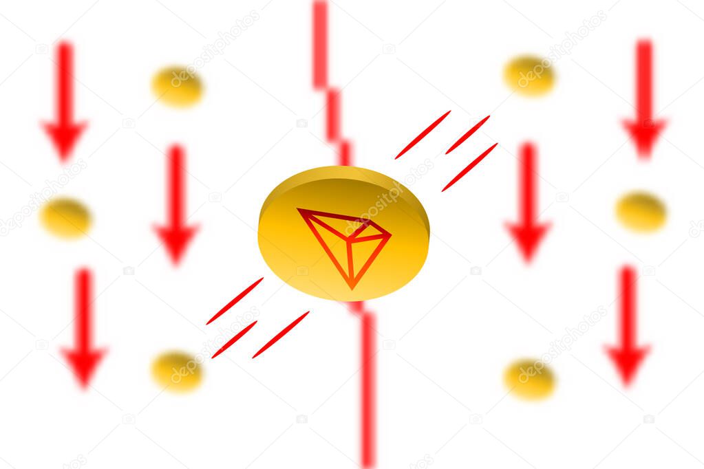 Tron Fall. Red arrow down with gaussian blur effect background. Tron TRX market crash. Red chart down