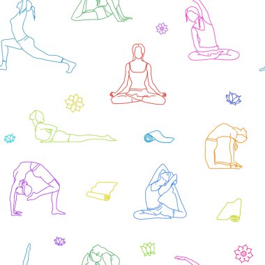 Yoga renkli anahat model teşkil etmektedir. Arka plan hat illüstrasyon. Kadın duruşlar