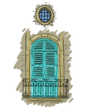 El örgü ile çizilmiş Akuamarin balkon. Vintage panjurlar