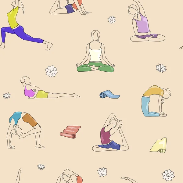 Yoga pone modello colorato. Illustrazione della linea di sfondo, posture della donna — Vettoriale Stock