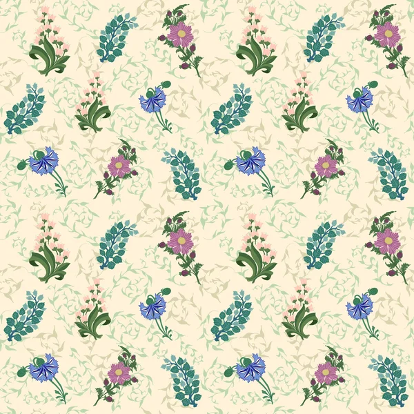 Fleurs sauvages dessin motif fond. Lys de la vallée, bleuet — Image vectorielle