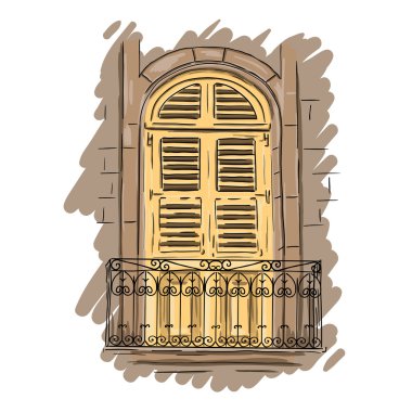 El örgü ile çizilmiş sarı balkon. Vintage panjurlar