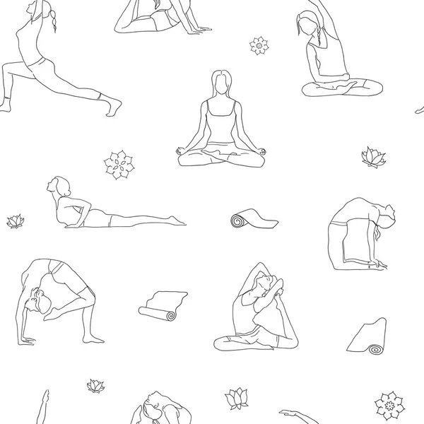 Umrisse Yoga Posen Muster. Hintergrund Linie Illustration isoliert — Stockvektor