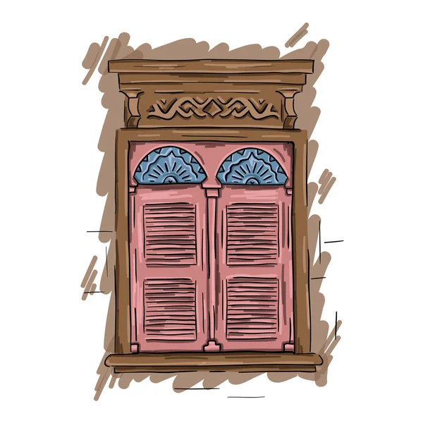 Fenêtre rose dessinée à la main. Volets d'architecture artistique vintage — Image vectorielle