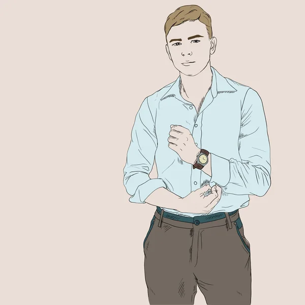 Mladý dospělý muž ručně nakreslený obrázek, hezký boy, hodinky příslušenství — Stockový vektor