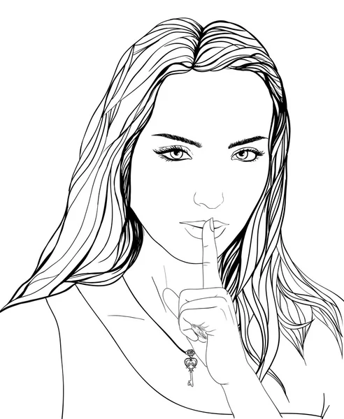 Retrato desenhado jovem mulher, dedo nos lábios, chave, menina secreta — Vetor de Stock