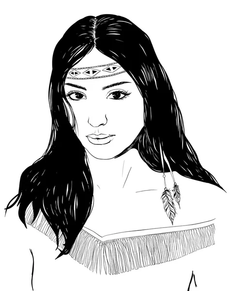Молода жінка портрет американських індіанців, сторони звернено ескіз, чорне волосся — стоковий вектор