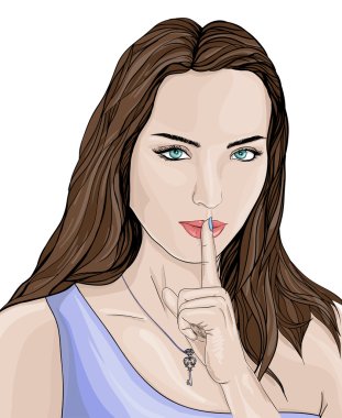 Drawn portrait young woman, finger on lips, key, secret girl