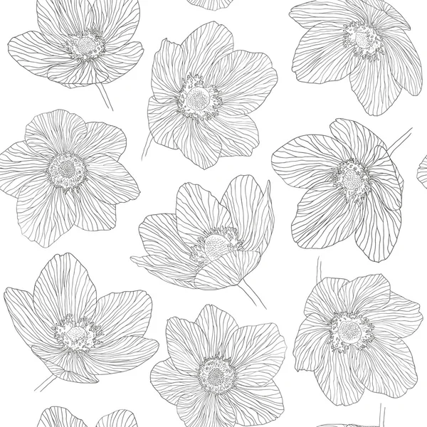 ヤンガードリアス期、白い背景に黒い線の花のシームレス パターンの概要 — ストックベクタ