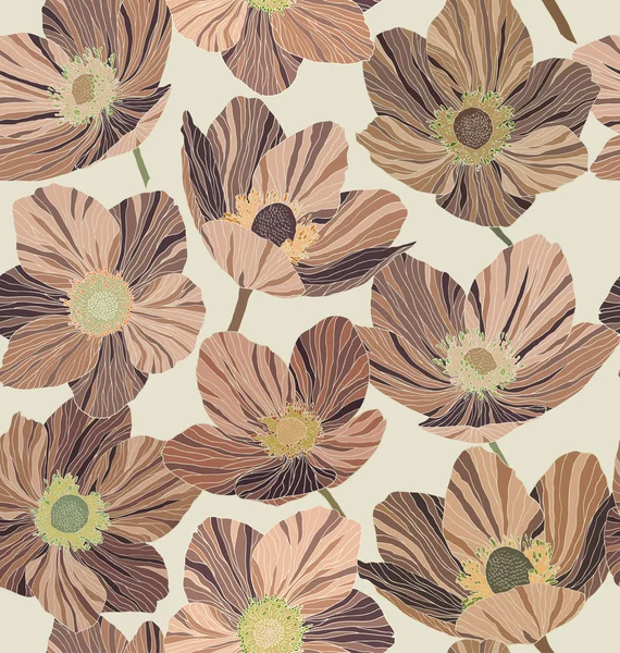 Motif sans couture fleurs brunes, fond beige, style vitrail — Image vectorielle