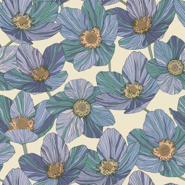 Dikişsiz desen mor yeşil çiçekler, bej renkli arka plan, vitray stili