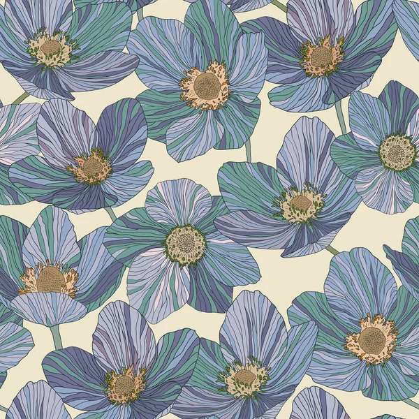 Dikişsiz desen mor yeşil çiçekler, bej renkli arka plan, vitray stili