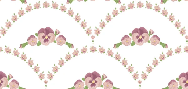 Modello senza soluzione di continuità bei fiori viole del pensiero, sfondo bianco, ornamento floreale rosa — Vettoriale Stock