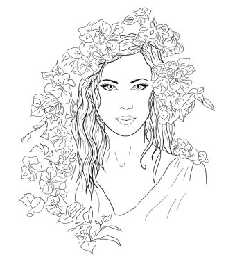 Genç güzel kadın. Çiçek kız çizilmiş zerafet. Romantik Bayan