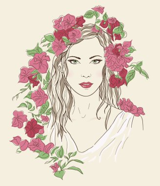 Genç güzel kadın. Zarif kız çiçeklenir çizilmiş. Romantik Bayan