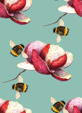 Mavi yeşil desen Manolya ve Bumblebees.