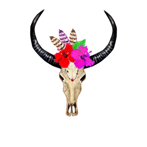 Bull Skull & Hibiscuses. — Stock Vector