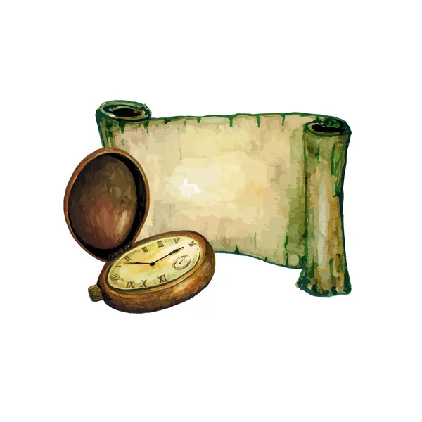 Reloj de bolsillo antiguo acuarela — Vector de stock