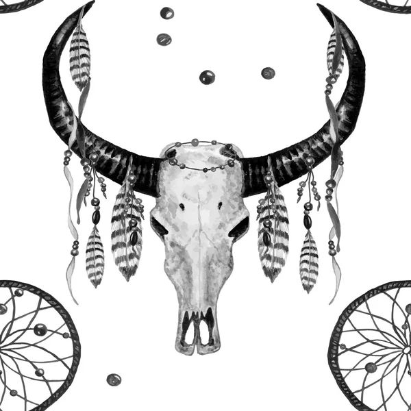 Buffalo Skull, Dreamcatcher, Feathers pattern. — Stock Vector