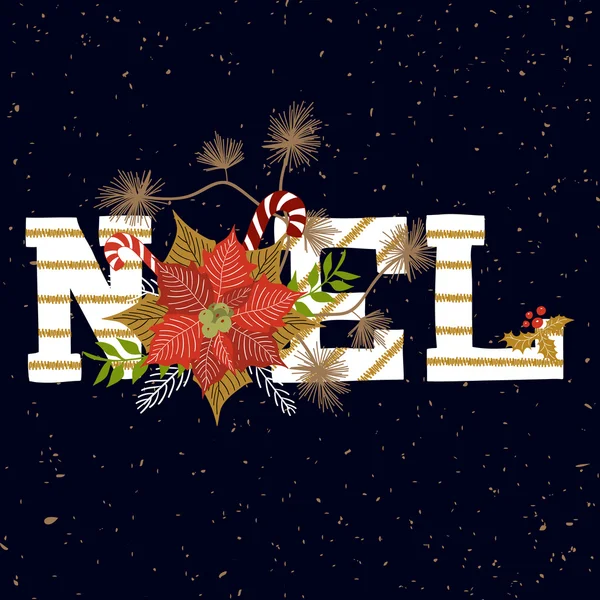 Noel. Letra y decoración floral — Vector de stock