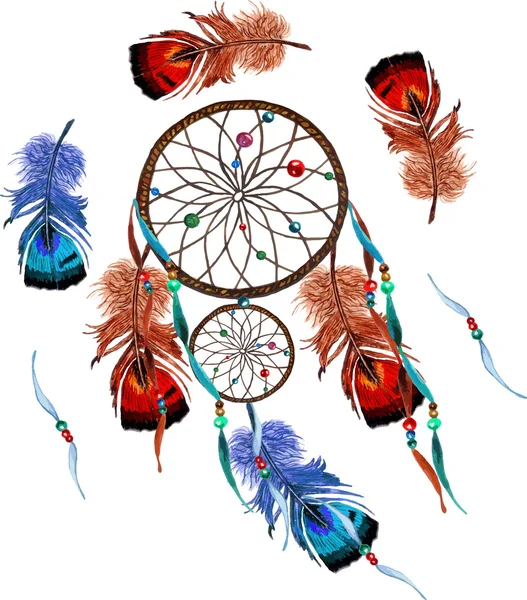 Watercolor Dreamcatcher, Перья — стоковый вектор