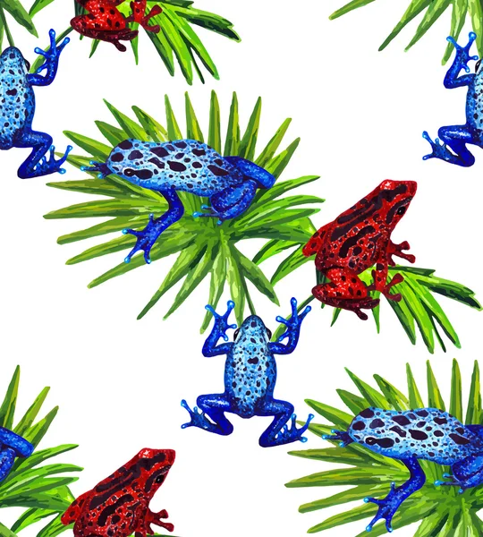 Tropikal Kurbağalar & Yeşil Palmiye Yaprakları — Stok Vektör