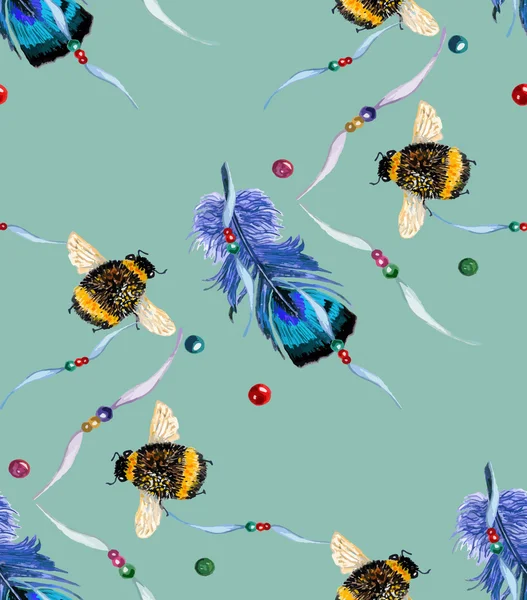 Φτερά και μέλισσες μπλε πράσινο μοτίβο. — Διανυσματικό Αρχείο