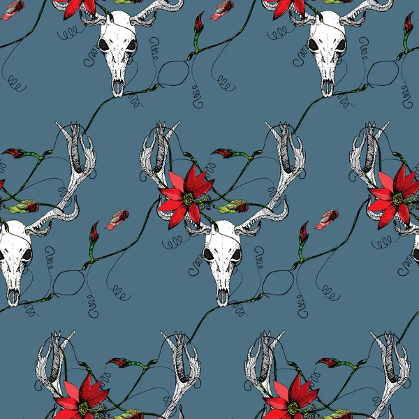 Deer Skulls and passion flowers pattern. — 图库矢量图片