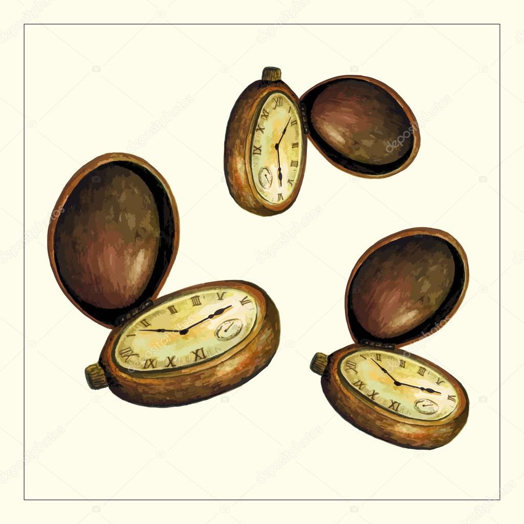 Watercolor Old Open Golden Pocket Watches for any time concept or design. Clock face with Roman numerals and ornate vintage scrolled hands. Hand drawn illustration. Vintage style.
