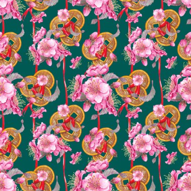 Çin sikkeleri & Erik çiçeği dikişsiz desen 