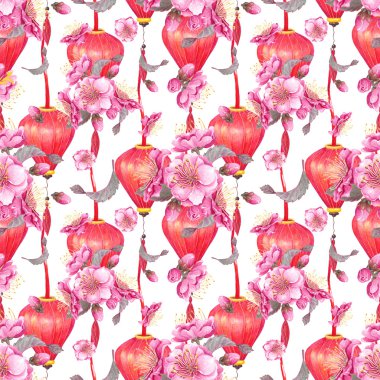 Çin Kırmızı Fener & Erik çiçeği Deseni.