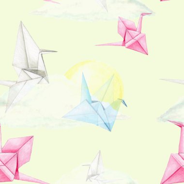 Bulut, güneş ve origami deseni.