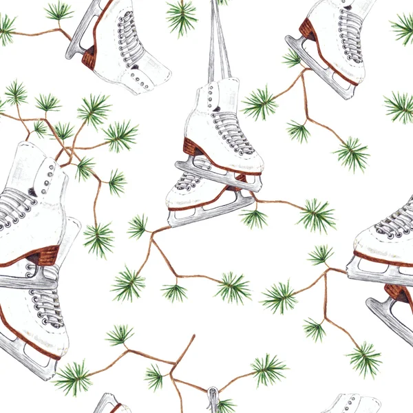 Aquarel ICE Skate en Pine twig patroon — Stockfoto