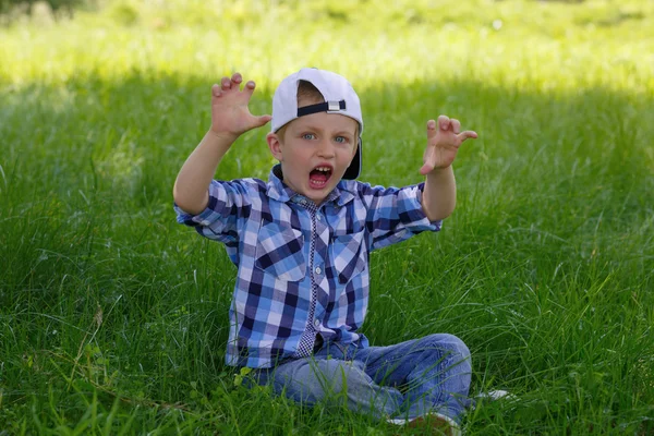 Little boy shows a growling tiger — Stock Photo, Image