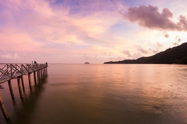 Wooden bridge and a hut sunrise by the shore of George Town, Penang Malaysia — Stock Photo, Image