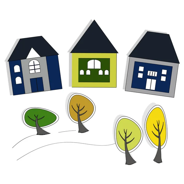Sevimli ve renkli evler ve ağaçlar. Vektör 