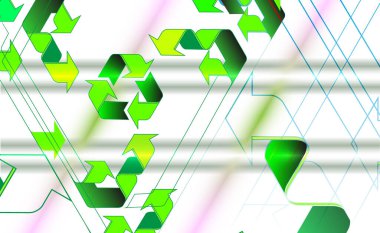 Çevresel soyut arka plan. Vektör karikatür çizimi. Nesneler izole edildi. Dünya Çevre Günü posteri. Ekoloji desenini geri dönüştür. Yeşil oklar yaşam biçimini geri dönüştürür.