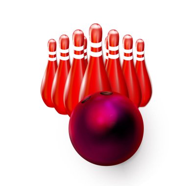 Bowling topu kırmızı 3D ve raptiyeler, Skittles gerçekçi. Beyaz arkaplanda izole edilmiş web tasarımı için çizim vektörü. Parlak ve Temiz Eps 10. Boş zaman aktivitesi ve spor ekipmanları.