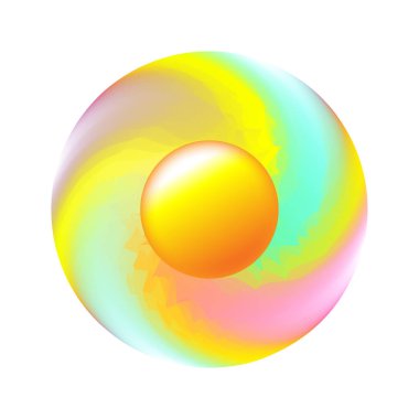 Güneş girdabı ikonu ve hilal ışınları. Sarı sevimli güneşli işaret ya da logo tasarımı. Toplamalı vektör illüstrasyonu.