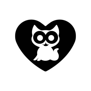 Sevimli kedicik, siyah ikon, aşk sembolü. Sevgililer Günü işareti, amblem, web tasarımı için düz stil. Zarif turuncu kedi logosu, tasarımınız için, vektör