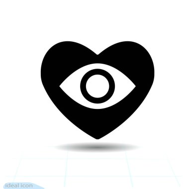 Kalp vektörü simgesi, aşk sembolü. Gözler kalpte yüzer. Sevgililer Günü işareti, amblem, grafik ve web tasarımı için düz stil, logo