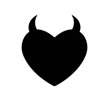 Boynuz ikonlu kara kalp. Şeytani içerikli sevgililer günü. Grafik ve web tasarımı için düz stil, logo. Tatil düzeni. Vektör. Soyutlama. Aşkın sembolü. 10 saniye.