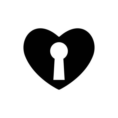 Kalp şeklindeki siluet anahtar deliği izole edilmiş. Kalp siyah vektör simgesi, aşk sembolü. Sevgililer Günü işareti, amblem, grafik ve web düz tasarımı stili, logo.