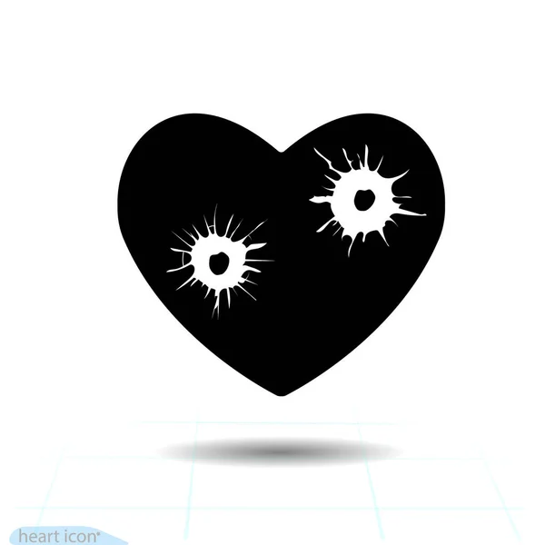 ハートベクトルブラックアイコン 愛のシンボル 心臓の弾丸の穴 白を背景に祝福と影のためのバレンタインデーのサイン — ストックベクタ